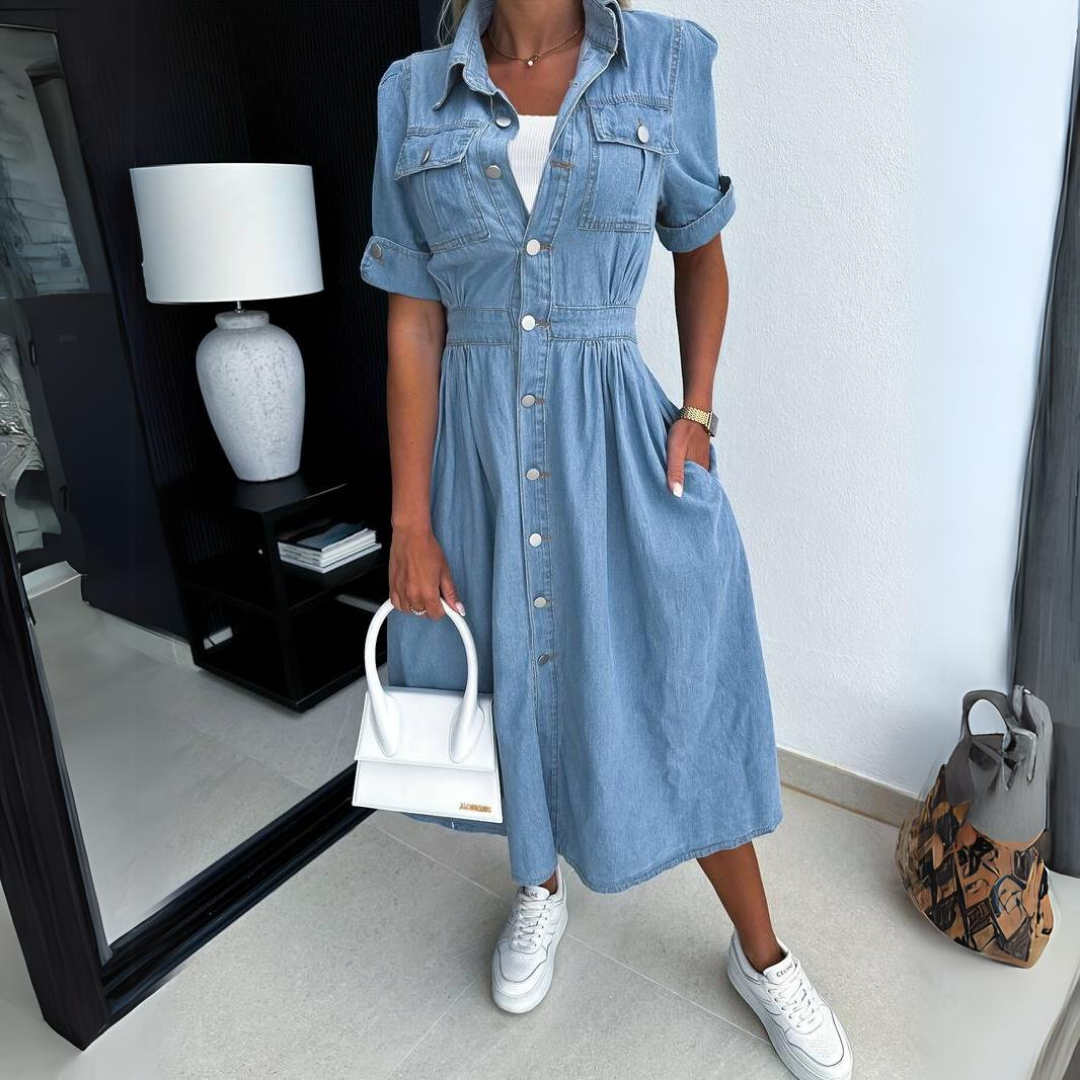 Alissa Denim Jurk | Spijkerjurk met Tailleband, Reverskraag en Enkelhoge Lengte
