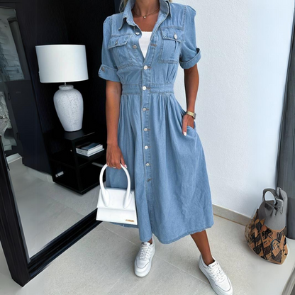 Alissa Denim Jurk | Spijkerjurk met Tailleband, Reverskraag en Enkelhoge Lengte