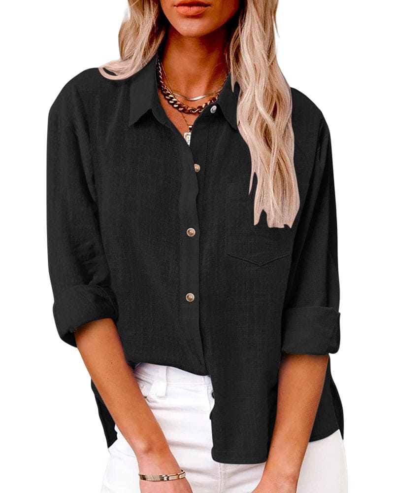 Stella | Stijlvolle Katoen-Linnen Blouse Dames - Luchtig, Casual en Veelzijdig - Licht Blauw / Zwart / Roze