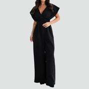 Dames Jumpsuit met Overslaghals, Wijde Pijpen en Kapmouwen - Zwart/Beige/Wit