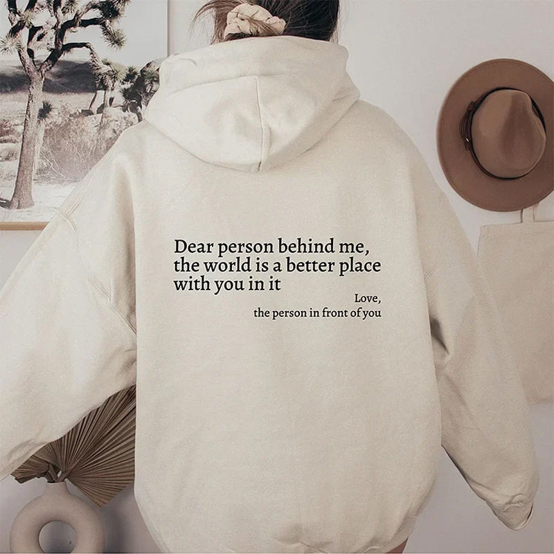Aurelia Hoodie | "Dear Person Behind Me" Trui met Positieve Boodschap en Comfortabele Pasvorm