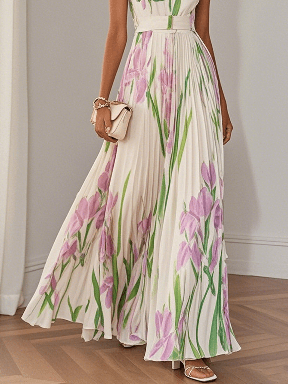 Chiffon Maxi Jurk Dames Bloemenprint Vierkante Hals Bruiloft Gast - Wit / Blauw / Roze - Maelen