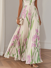 Chiffon Maxi Jurk Dames Bloemenprint Vierkante Hals Bruiloft Gast - Wit / Blauw / Roze - Maelen