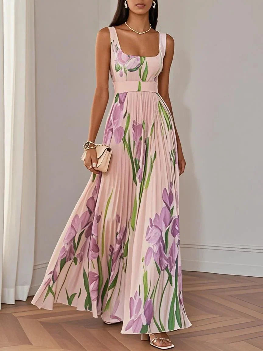 Chiffon Maxi Jurk Dames Bloemenprint Vierkante Hals Bruiloft Gast - Wit / Blauw / Roze - Maelen