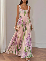 Chiffon Maxi Jurk Dames Bloemenprint Vierkante Hals Bruiloft Gast - Wit / Blauw / Roze - Maelen
