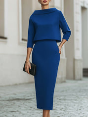 Dames Tweedelige Set Bootnek Top en Midi Rok Getailleerde Pasvorm - Zwart / Marineblauw / Beige - Maelen