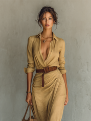 Dames Maxi Blousejurk Linen Look Lange Mouwen Ceintuur Diepe V-hals - Khaki / Marineblauw / Wit / Zwart - Maelen