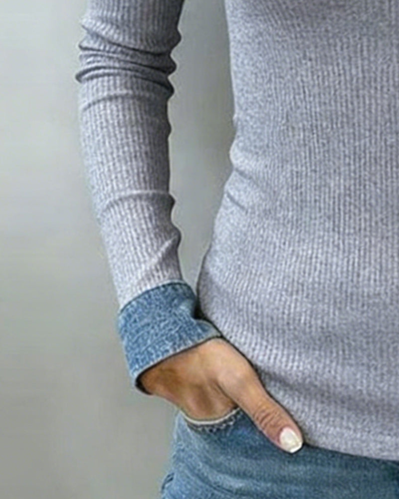 Slim Fit Top Dames met V-hals, Lange Mouw en Colour Block Detail - Alessia Vento