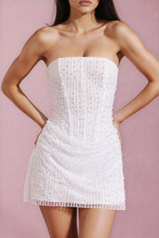 Lucente Glitter mesh mini jurk dames – chique strapless party dress met korset