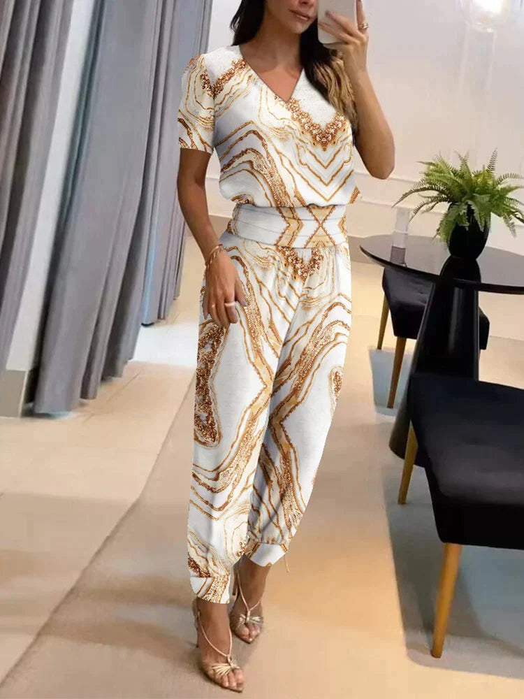 Francesca Set | Casual & Elegante Damesset met V-Hals Blouse en Hoge Taille Broek