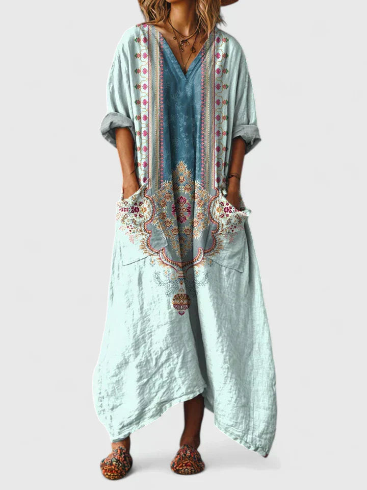 Dames Boho Maxi Jurk Bloemenprint Korte Mouwen Zijzakken Oversized Casual Feestelijk - Oranje / Rood / Groen - Maelen