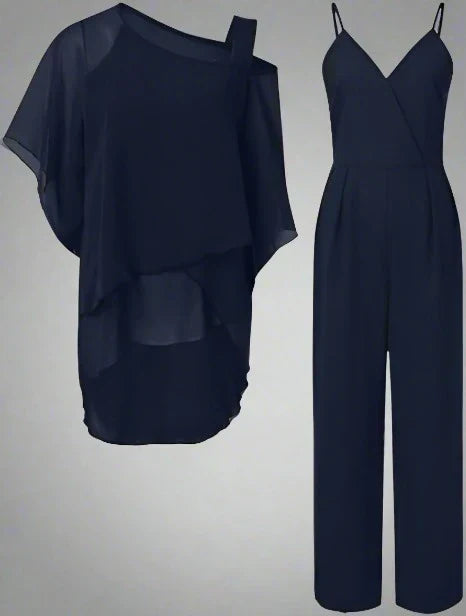 Giulia Set | Schoudervrij Damespak van Luchtig Chiffon met Elegante Broek