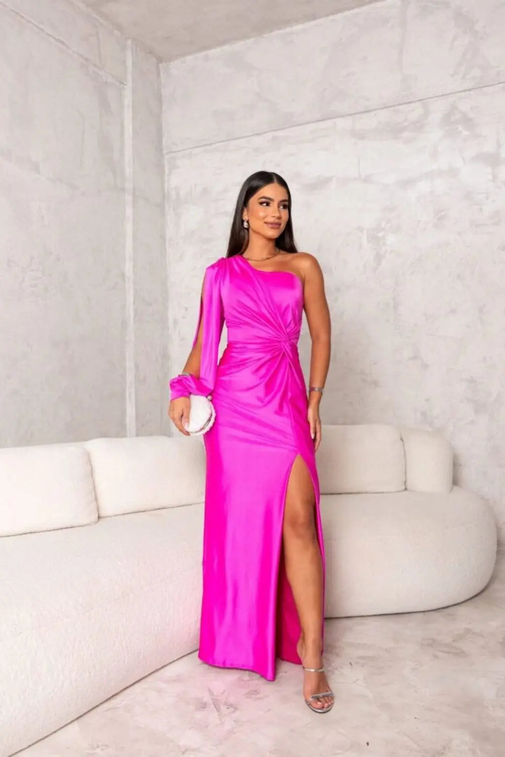 Dames Satijnen Maxi Jurk One Shoulder Gedrapeerd Split Galajurk - Turquoise / Zwart / Roze - Maelen