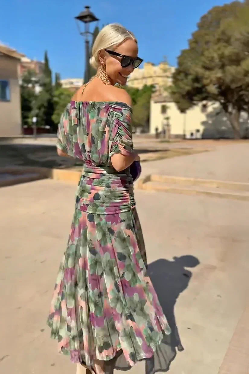 Dames Maxi Jurk V-hals Mouwloos Gesmokte Taille A-lijn Feestelijk Zomer - Multi / Flesgroen - Maelen