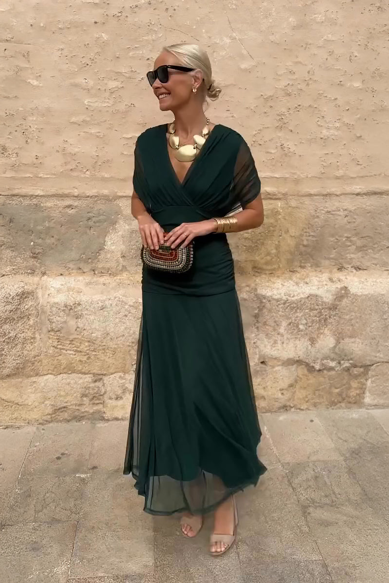 Dames Maxi Jurk V-hals Mouwloos Gesmokte Taille A-lijn Feestelijk Zomer - Multi / Flesgroen - Maelen