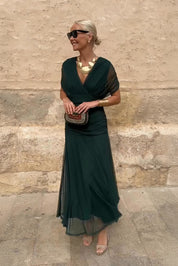Dames Maxi Jurk V-hals Mouwloos Gesmokte Taille A-lijn Feestelijk Zomer - Multi / Flesgroen - Maelen