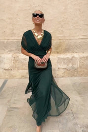 Dames Maxi Jurk V-hals Mouwloos Gesmokte Taille A-lijn Feestelijk Zomer - Multi / Flesgroen - Maelen