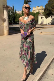 Dames Maxi Jurk V-hals Mouwloos Gesmokte Taille A-lijn Feestelijk Zomer - Multi / Flesgroen - Maelen