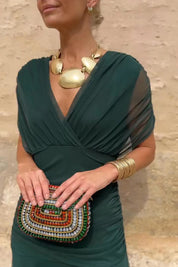 Dames Maxi Jurk V-hals Mouwloos Gesmokte Taille A-lijn Feestelijk Zomer - Multi / Flesgroen - Maelen