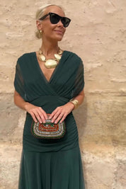 Dames Maxi Jurk V-hals Mouwloos Gesmokte Taille A-lijn Feestelijk Zomer - Multi / Flesgroen - Maelen