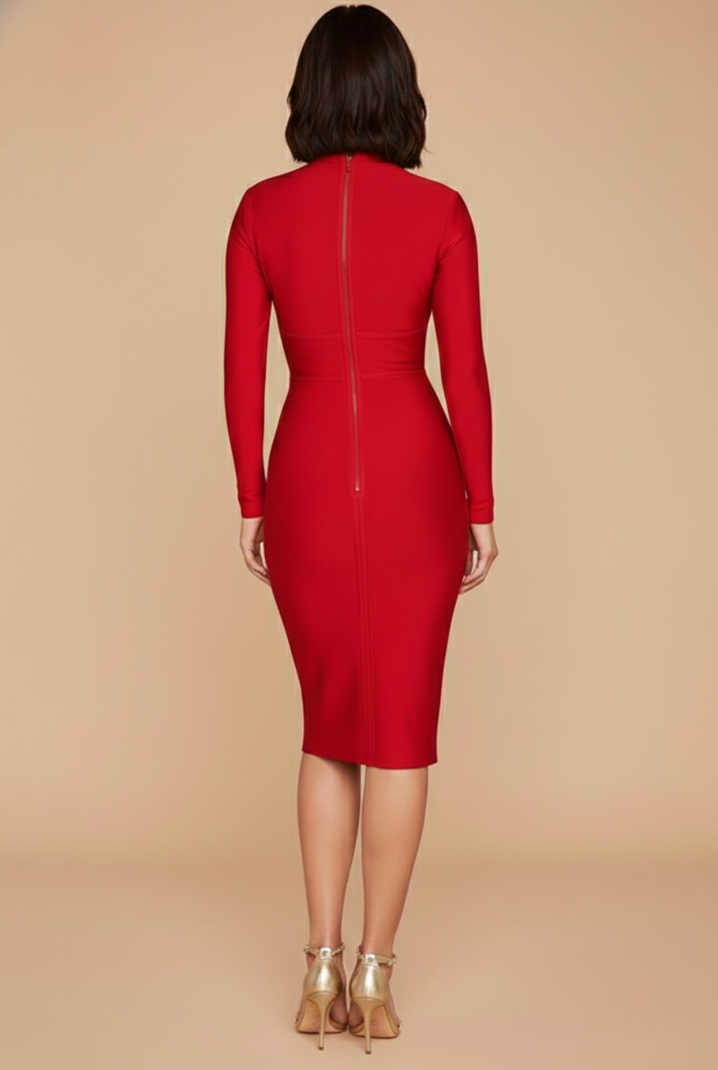Dames Bodycon Midi Jurk Diepe V-hals Lange Mouwen Rits Avond - Rood / Zwart / Blauw - Maelen