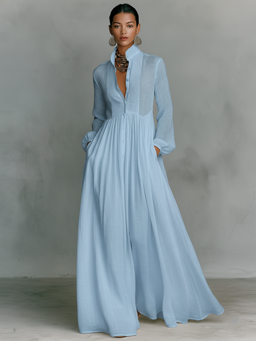 Dames Maxi Jurk Katoen Linnen Staande Kraag Lange Mouwen Enknoops - Wit / Blauw / Zwart - Maelen