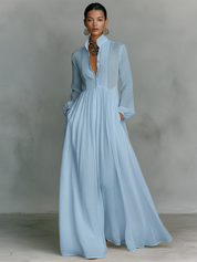 Dames Maxi Jurk Katoen Linnen Staande Kraag Lange Mouwen Enknoops - Wit / Blauw / Zwart - Maelen