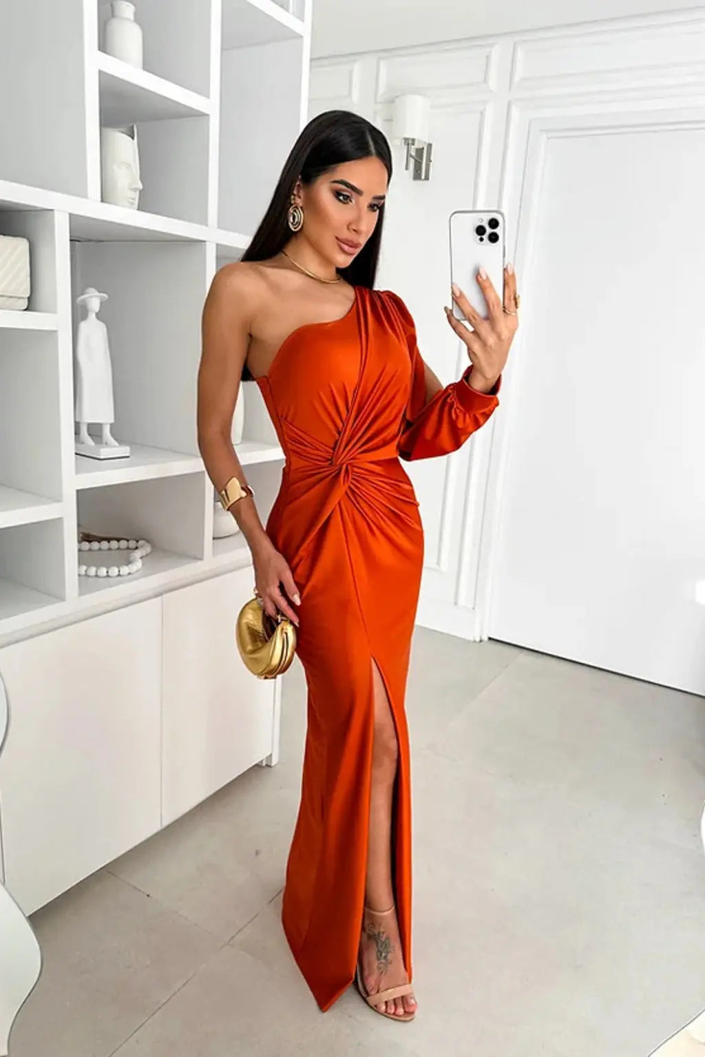Dames Satijnen Maxi Jurk One Shoulder Gedrapeerd Split Galajurk - Turquoise / Zwart / Roze - Maelen