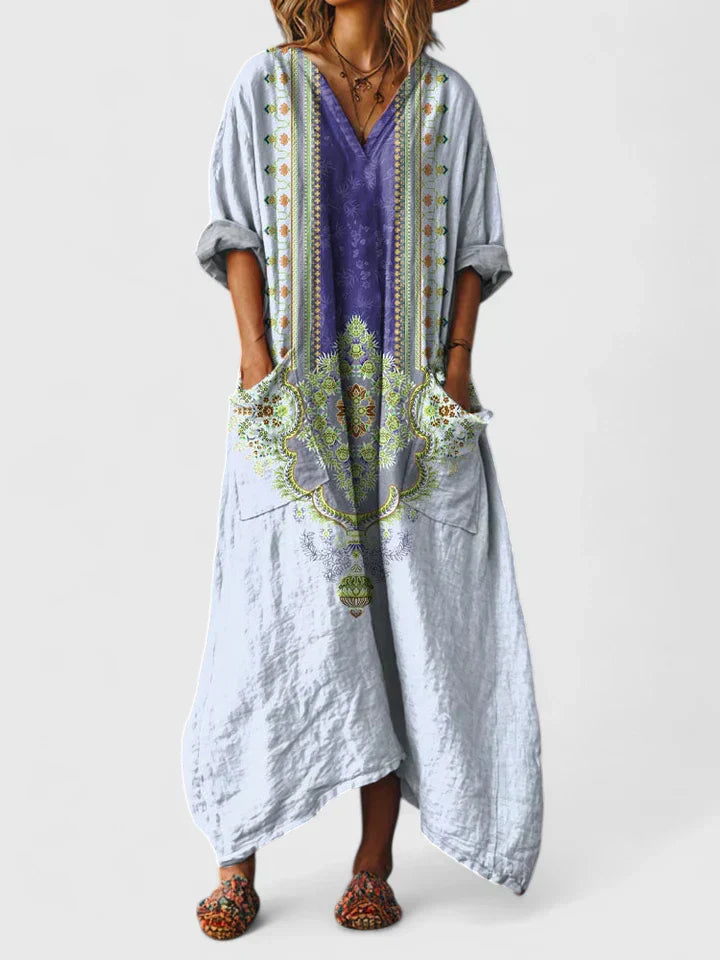 Dames Boho Maxi Jurk Bloemenprint Korte Mouwen Zijzakken Oversized Casual Feestelijk - Oranje / Rood / Groen - Maelen