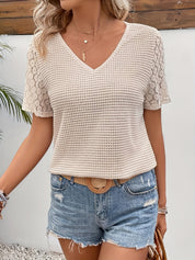 Hannah | Elegant T-shirt Dames met V-hals - Wafelgebreid, Ademend en Veelzijdig - Beige