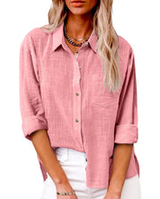 Stella | Stijlvolle Katoen-Linnen Blouse Dames - Luchtig, Casual en Veelzijdig - Licht Blauw / Zwart / Roze