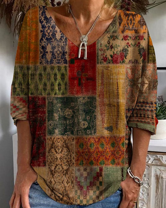 Adrie Top | Vintage Geometrische Top met V-hals en Losse Pasvorm