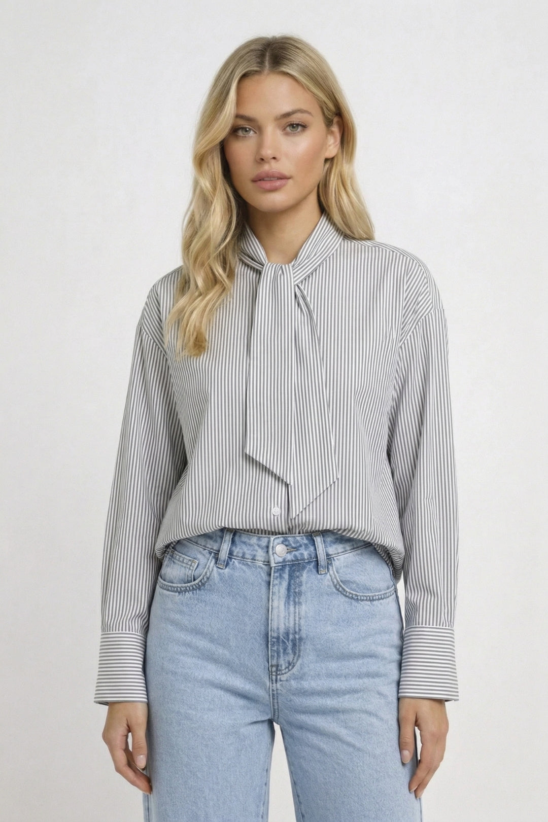 Minimalistische Gestreepte Damesblouse met Strikdetail - Wit - Maelen