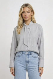 Minimalistische Gestreepte Damesblouse met Strikdetail - Wit - Maelen
