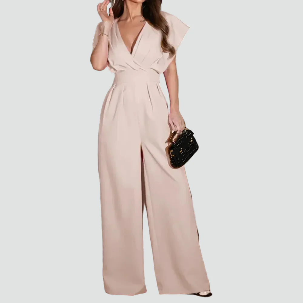 Dames Jumpsuit met Overslaghals, Wijde Pijpen en Kapmouwen - Zwart/Beige/Wit