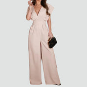 Dames Jumpsuit met Overslaghals, Wijde Pijpen en Kapmouwen - Zwart/Beige/Wit