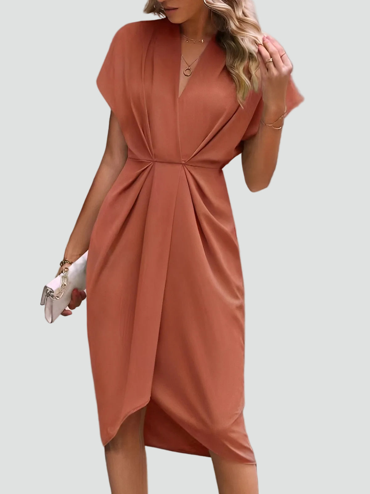Wikkeljurk Midi Dames met V-hals en Plooien, Elegant en Vrouwelijk voor Cocktail en Diner - Luciana Mazzini