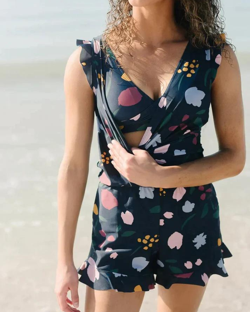 Dames Badpak Eendelig Ingebouwde Beha V-hals Ruches - Blauw / Groen / Rood - Maelen