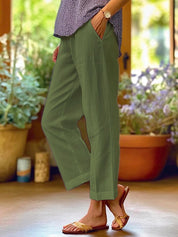 Dames Linnen Broek Hoge Taille Zakken Loszittend - Wit / Zwart / Grijs - Maelen