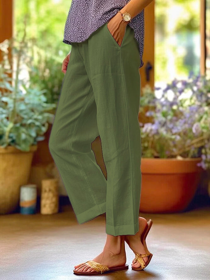 Dames Linnen Broek Hoge Taille Zakken Loszittend - Wit / Zwart / Grijs - Maelen