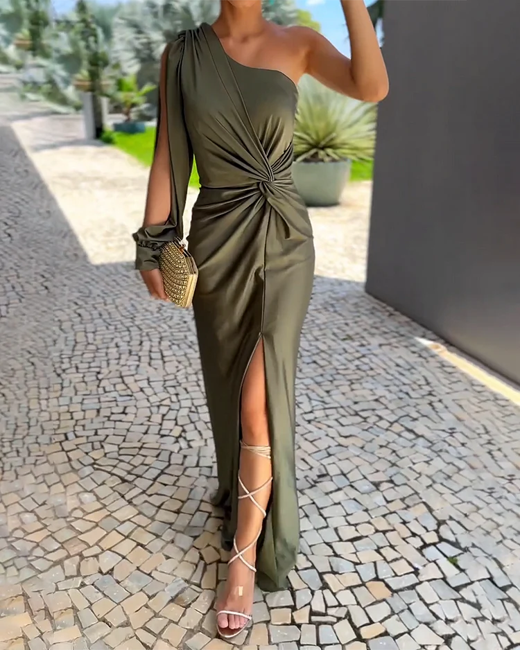 Dames One Shoulder Midi Jurk Bodycon Knoopdetail Split Elegant Feestelijk - Groen - Maelen