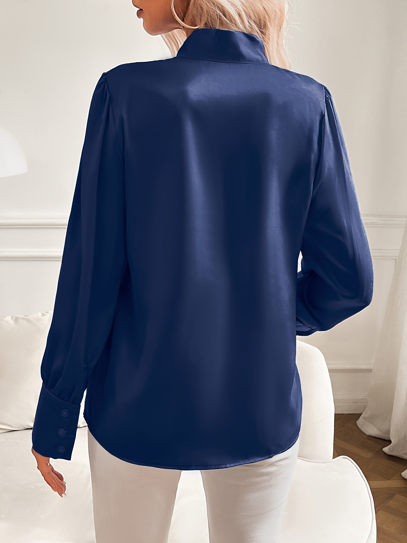 Dames Satijnen Blouse Strikdetail Hals Lange Mouwen Pofmouwen - Lichtblauw / Roze / Marineblauw - Maelen