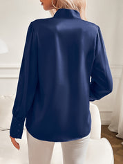 Dames Satijnen Blouse Strikdetail Hals Lange Mouwen Pofmouwen - Lichtblauw / Roze / Marineblauw - Maelen