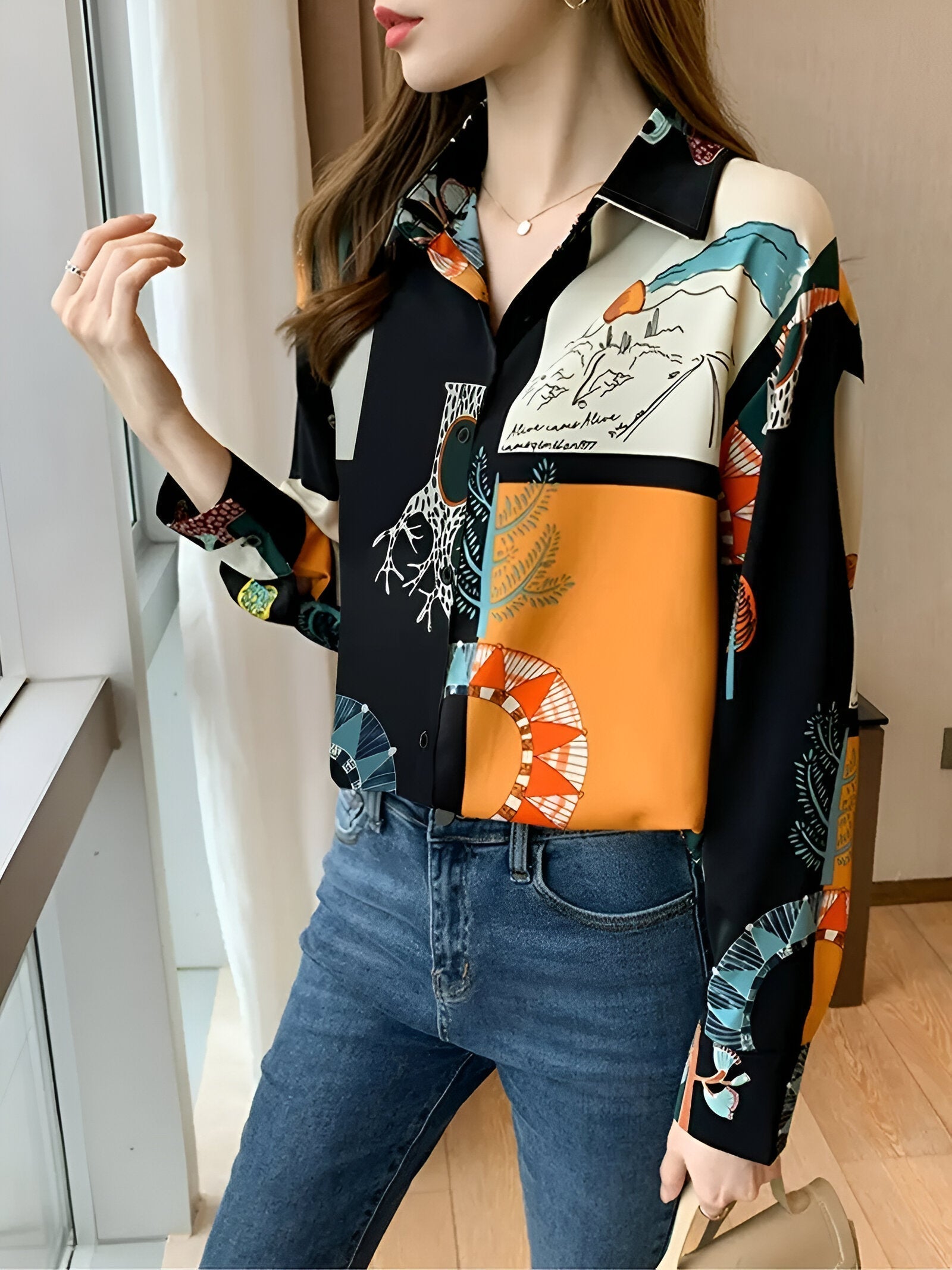 Birdie Blouse | Vintage Blouse met Hert- en Boommotief en Klassieke Reverskraag