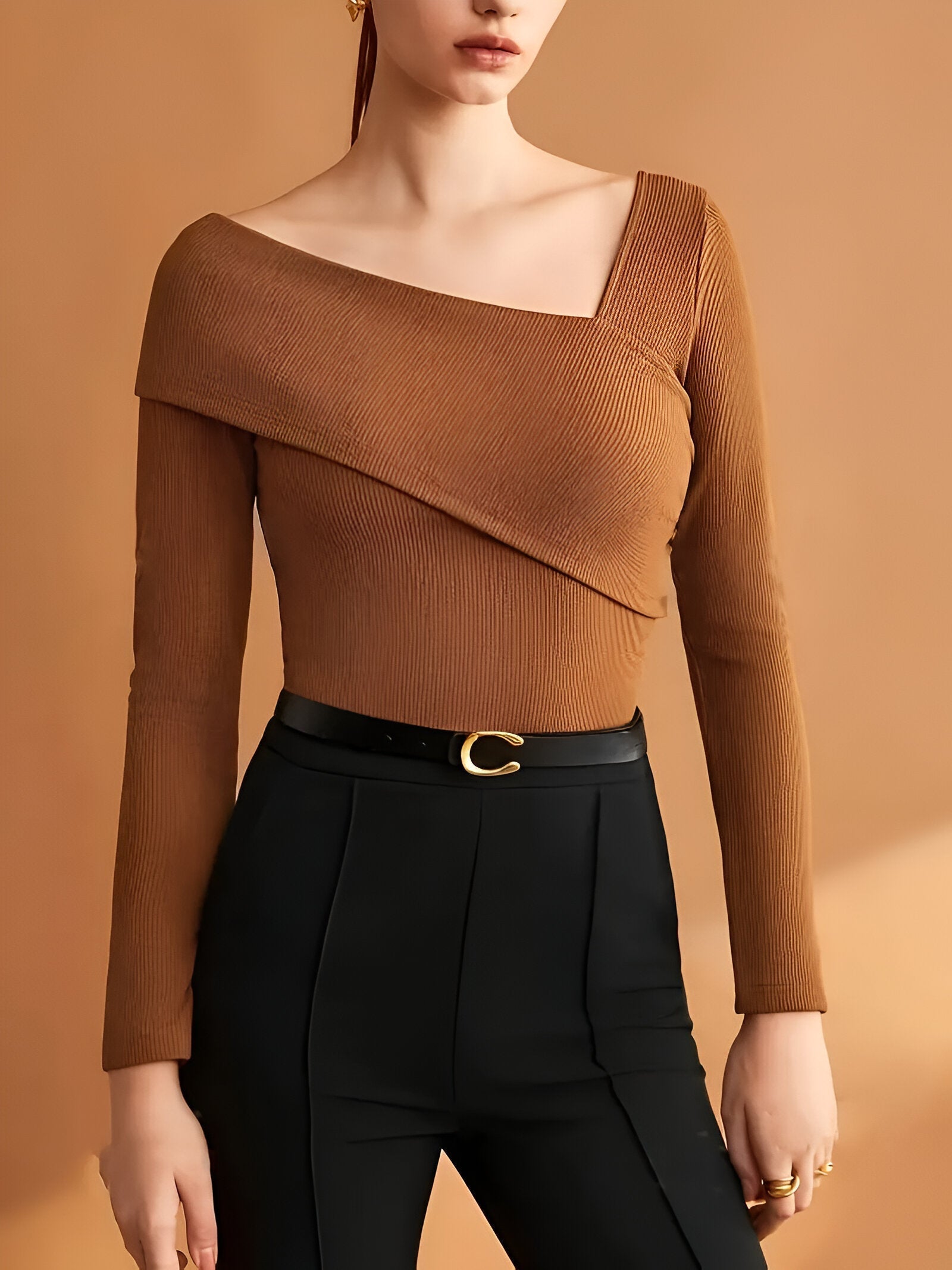 Céleste Top Dames | Asymmetrische Geribde Top met Elegante Pasvorm voor Herfst & Winter