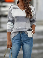 Bianca Trui | Gestreepte Herfsttrui met V-Hals en Comfortabele Pasvorm
