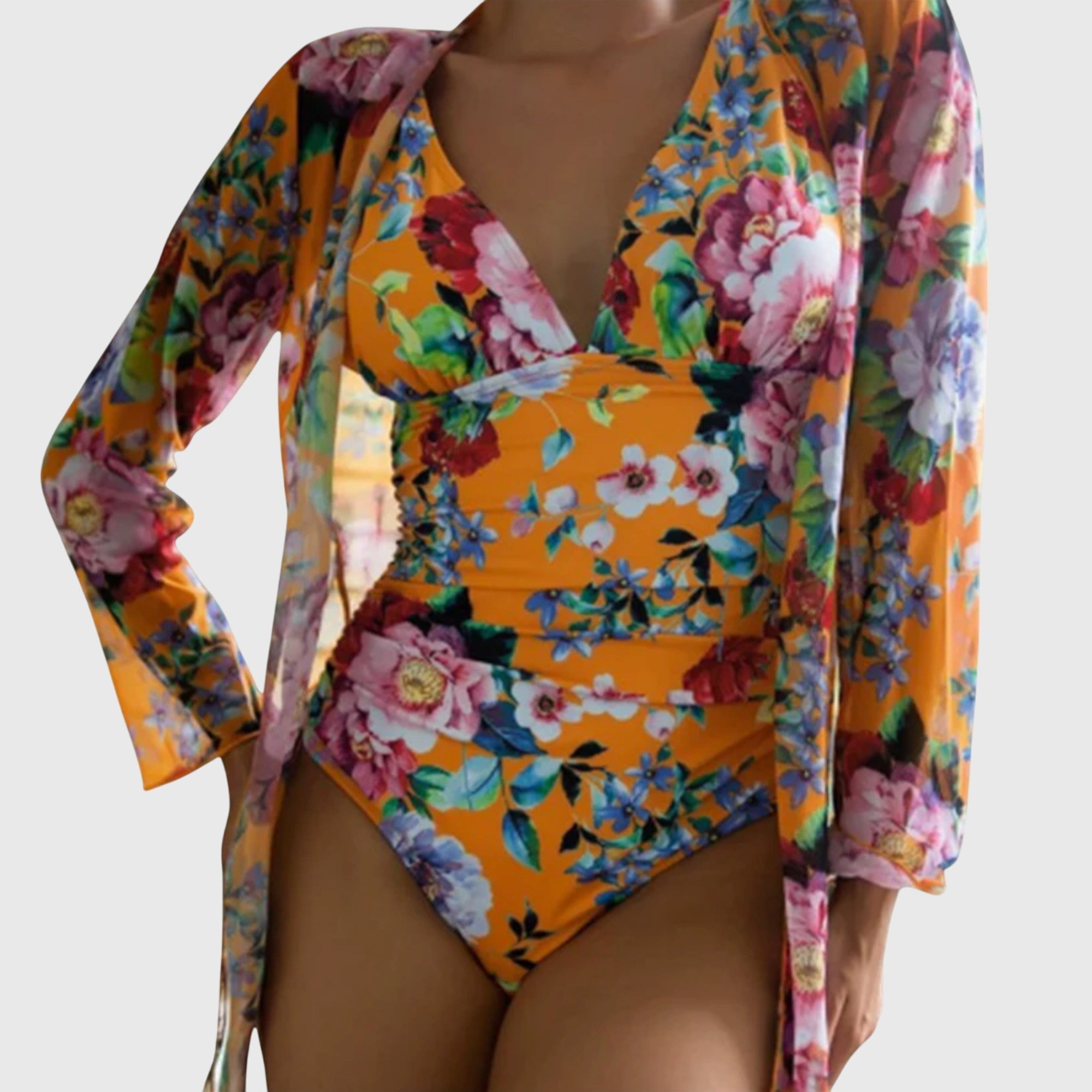 Badpak Set Dames met Kleurrijke Bloemenprint en Bijpassende Cover-up Kimono - Ginevra Romano
