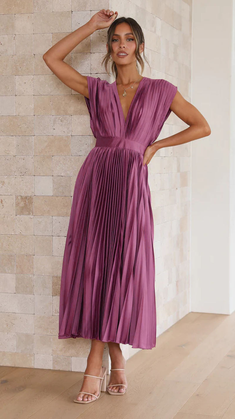 Dames Midi Jurk Plissé Rok V-hals Korte Mouwen Bruiloft Gast - Roze / Beige / Lila - Maelen