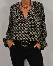 Elena dames blouse – geometrisch patroon met V-hals & lange mouwen