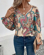 Mirella Blouse | Bloemenprint Damesblouse met V-Hals en Lange Mouwen